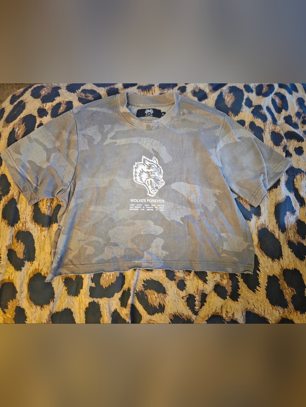 Darc Sport Gray Camouflage Crop Top with White Wolf Graphic